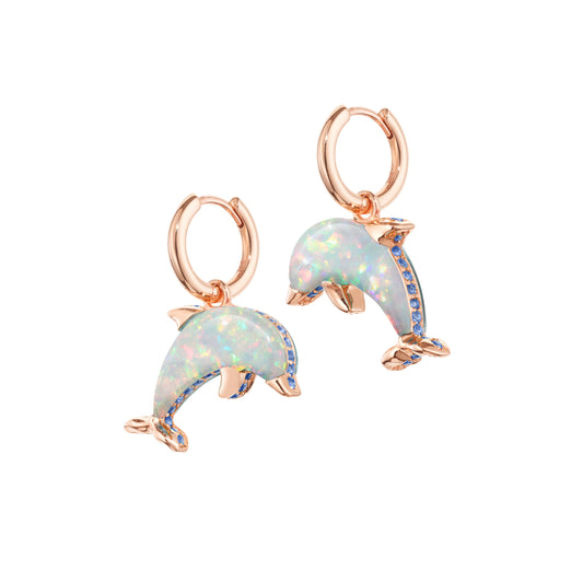 Dolphin bubble hoops stoned rose gold with opal and blue sapphire
