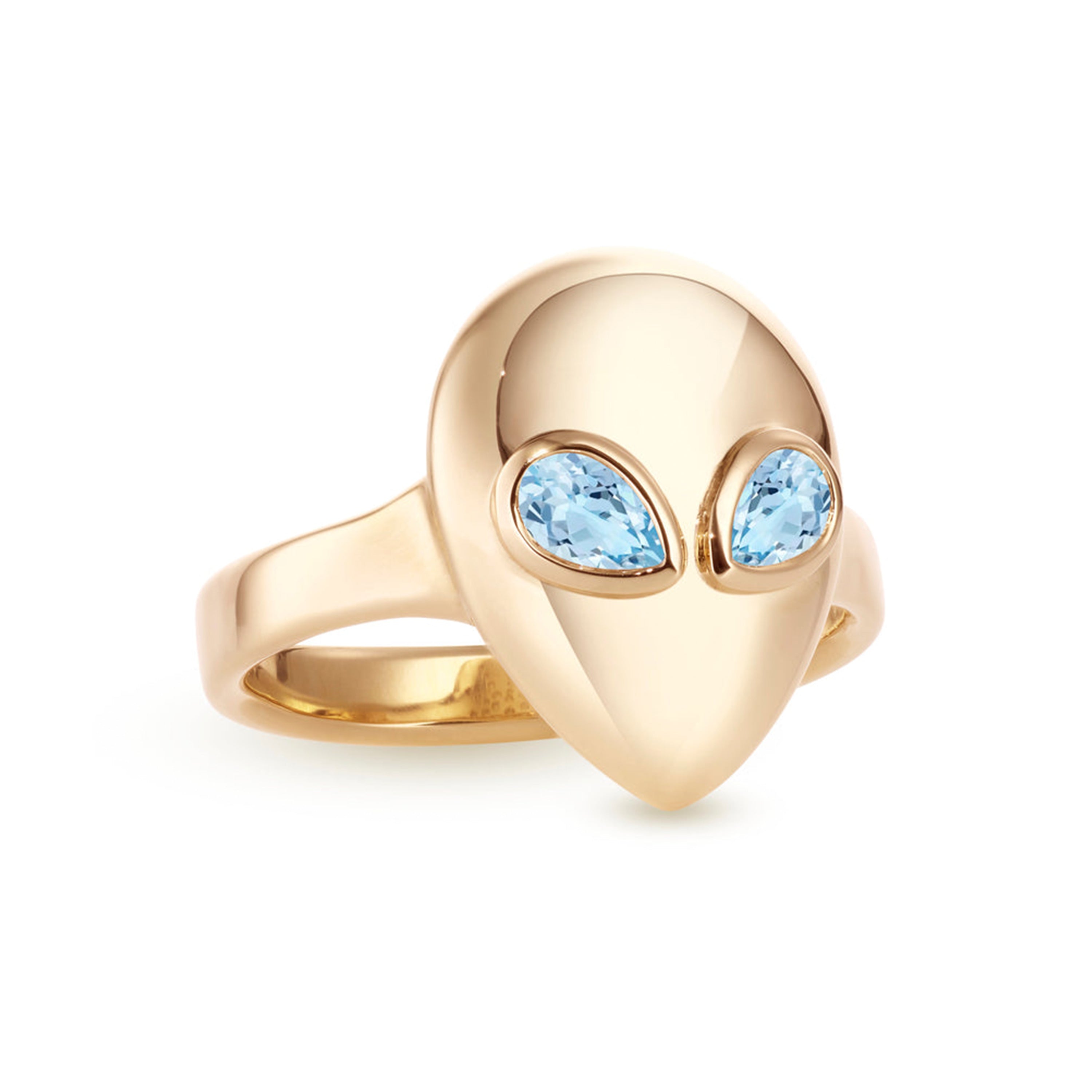 Alien pinky ring yellow gold with aquamarine