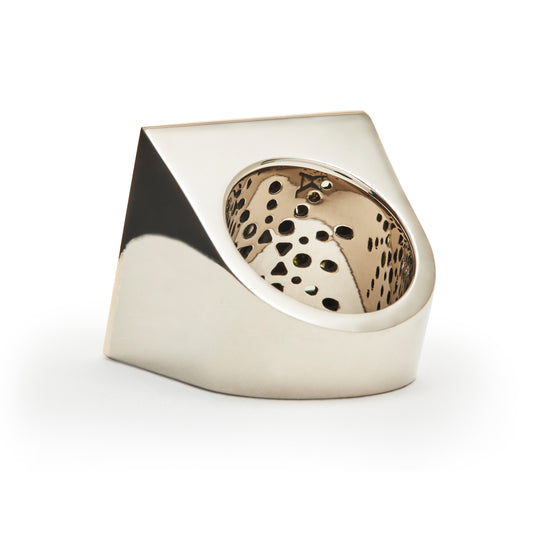 Crop circle ring white and rose gold with tahitian pearl and green tourmaline