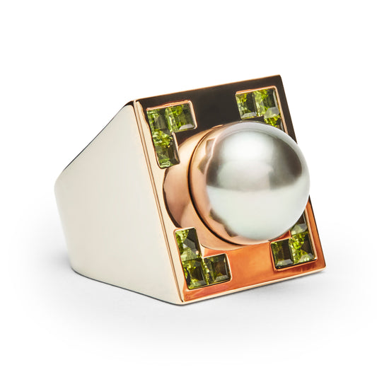 Crop circle ring white and rose gold with tahitian pearl and green tourmaline