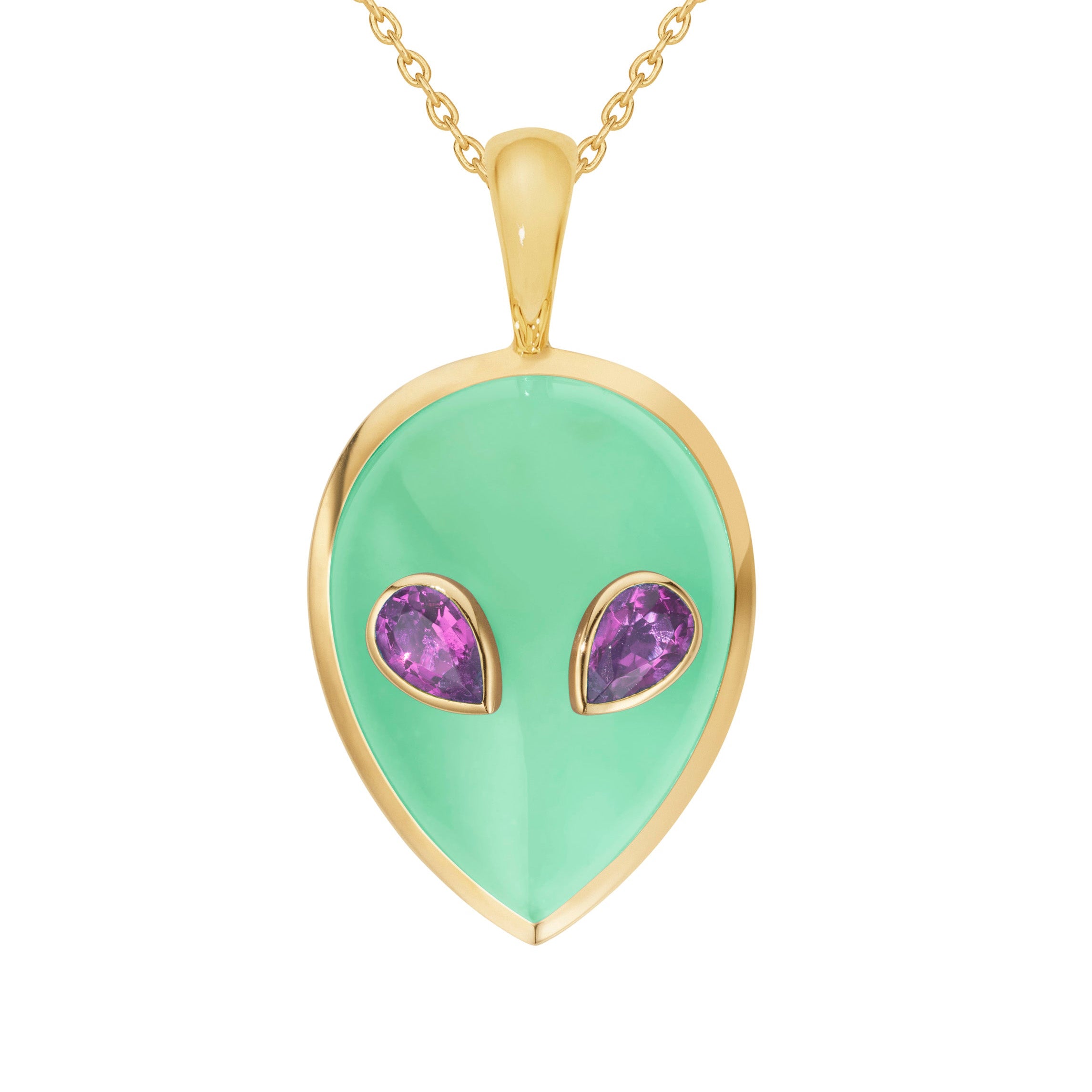 Alien pendant yellow gold with chrysoprase and rhodolite – Alina Abegg
