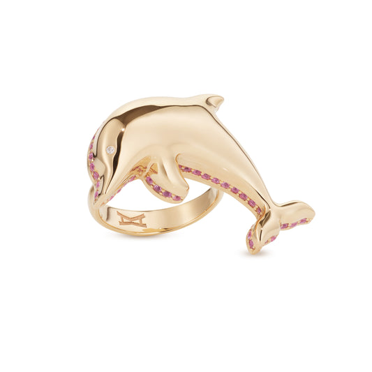 Maxi-dolphin-bubble-ring-stoned-yellow-gold-with-pink-sapphire-and-diamond