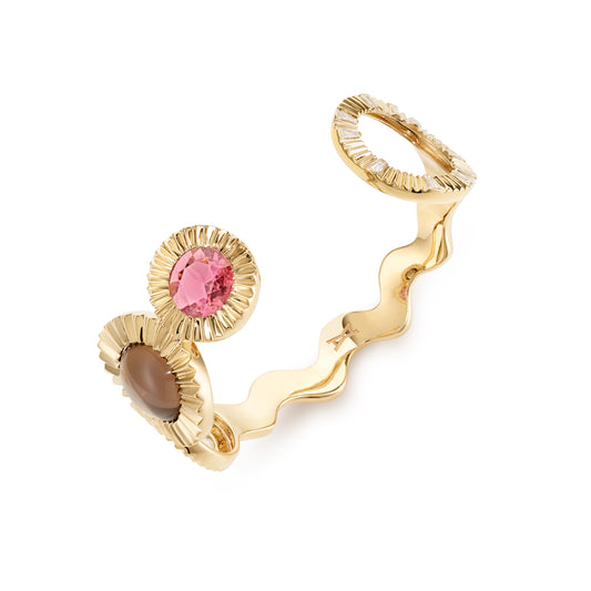 Soap-opera-bangle-stoned-yellow-gold-with-smoky-quartz-pink-tourmaline-and-diamond