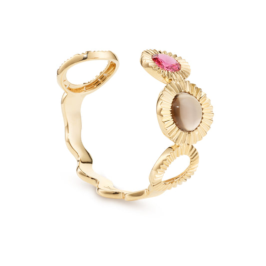 Soap-opera-bangle-stoned-yellow-gold-with-smoky-quartz-pink-tourmaline-and-diamond