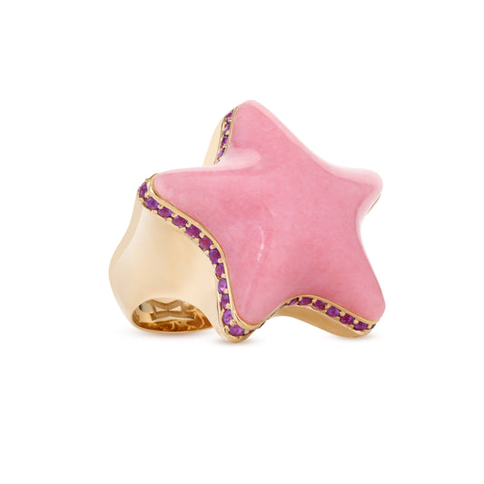 Starfish-bubble-ring-stoned-yellow-gold-with-pink-opal-and-amethyst