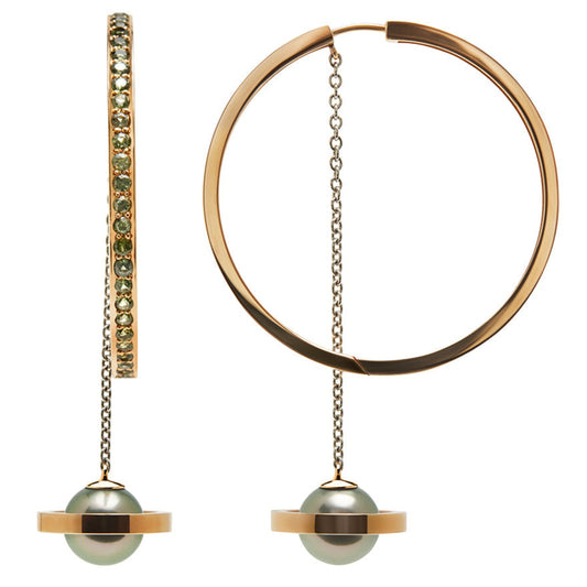 Saturnation-hoops-rose-and-white-gold-with-tahitian-pearl-and-green-sapphire