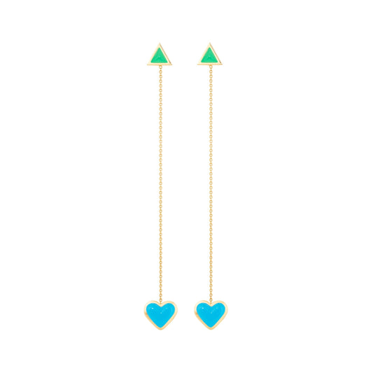 Love-sticker-chain-earrings-yellow-gold-with-turquoise-and-chrysoprase