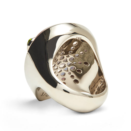 Alien-signature-ring-white-gold-with-rose-quartz-and-peridot