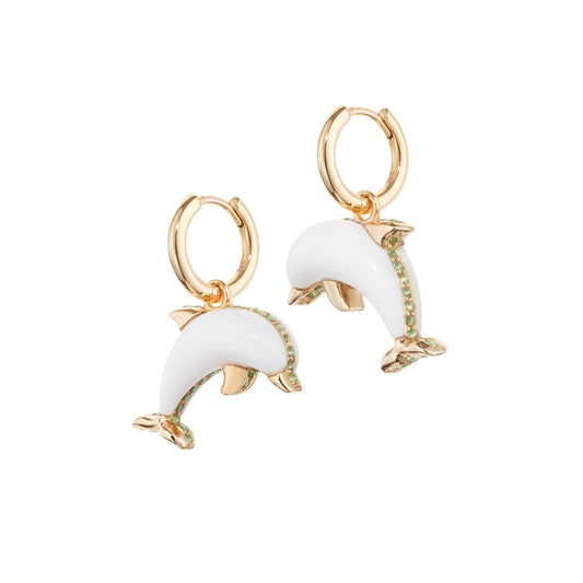 Dolphin-bubble-hoops-stoned-yellow-gold-with-white-agate-and-tsavorite