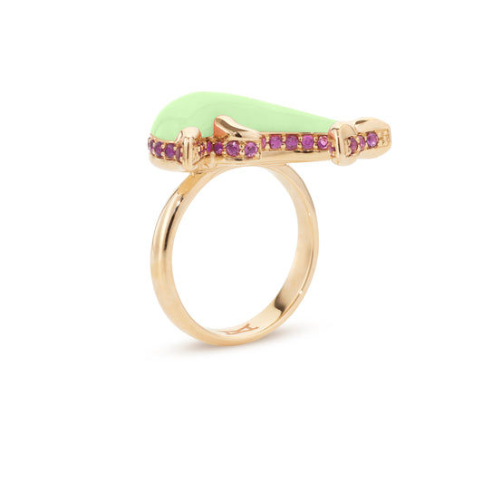 Dolphin-bubble-mini-ring-stoned-yellow-gold-with-lemon-chrysoprase-and-pink-sapphire