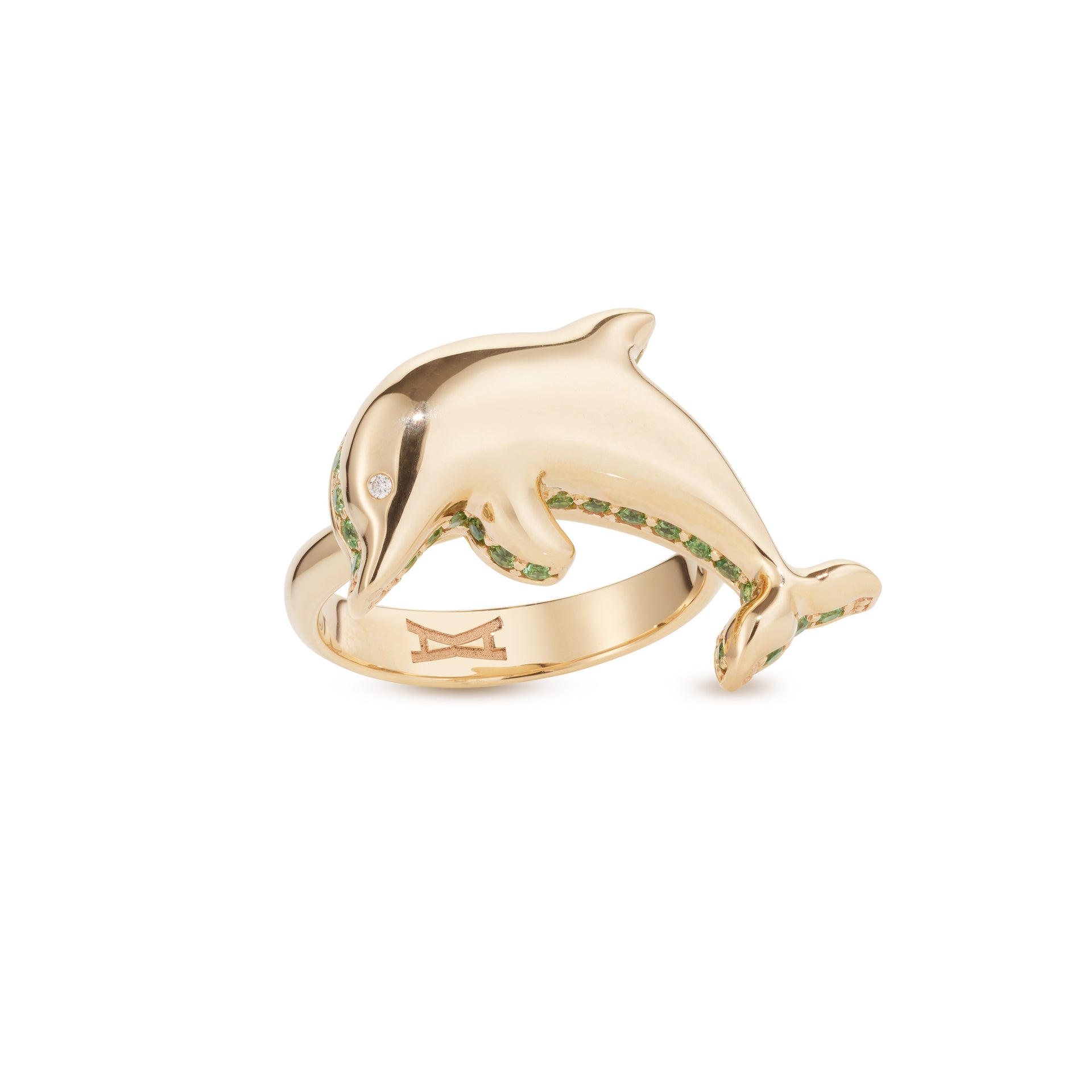 Dolphin bubble mini ring stoned yellow gold with tsavorite and diamond