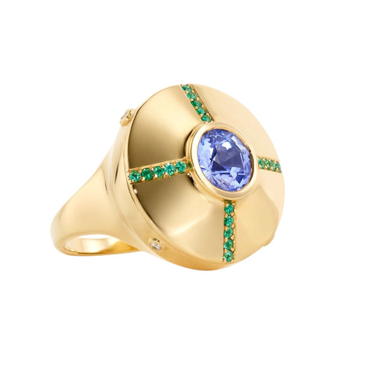 Micro-UFO-ring-yellow-gold-with-spinel-emerald-and-diamond
