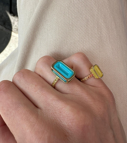 Mini pfefferminz ring lemon stoned yellow gold with yellow agate and sapphire