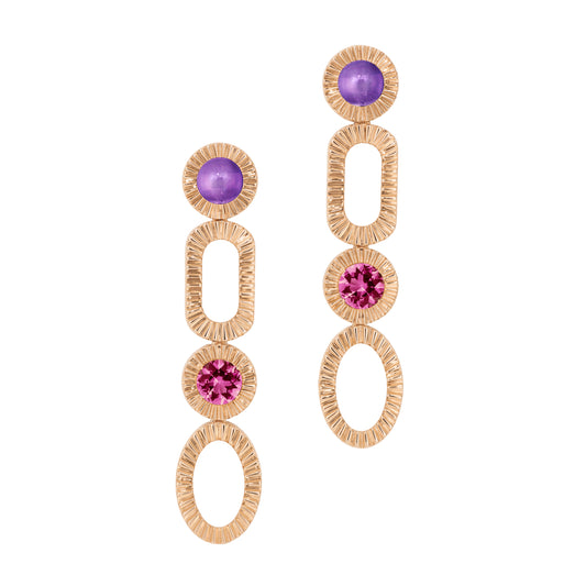 Soap-opera-earrings-stoned-rose-gold-with-amethyst-and-pink-tourmaline