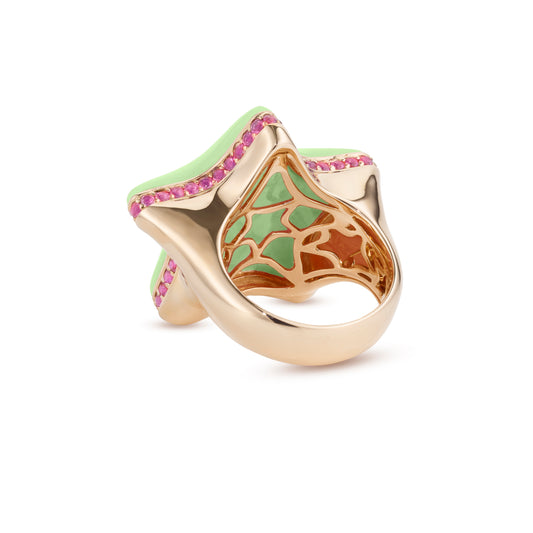 Starfish-bubble-ring-stoned-yellow-gold-with-lemon-chrysoprase-and-pink-sapphire