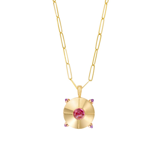 UFO-necklace-yellow-gold-with-pink-tourmaline-and-amethyst