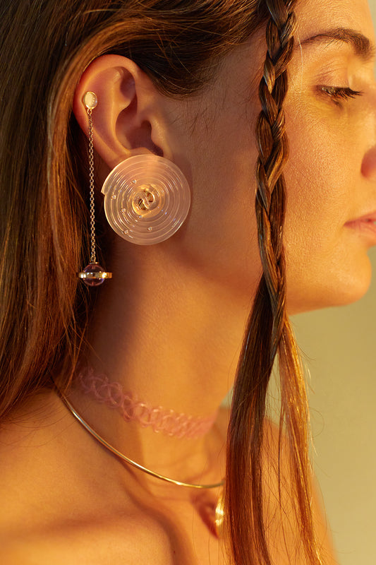 Licorice ear clips stoned milky quartz with rose gold and diamond