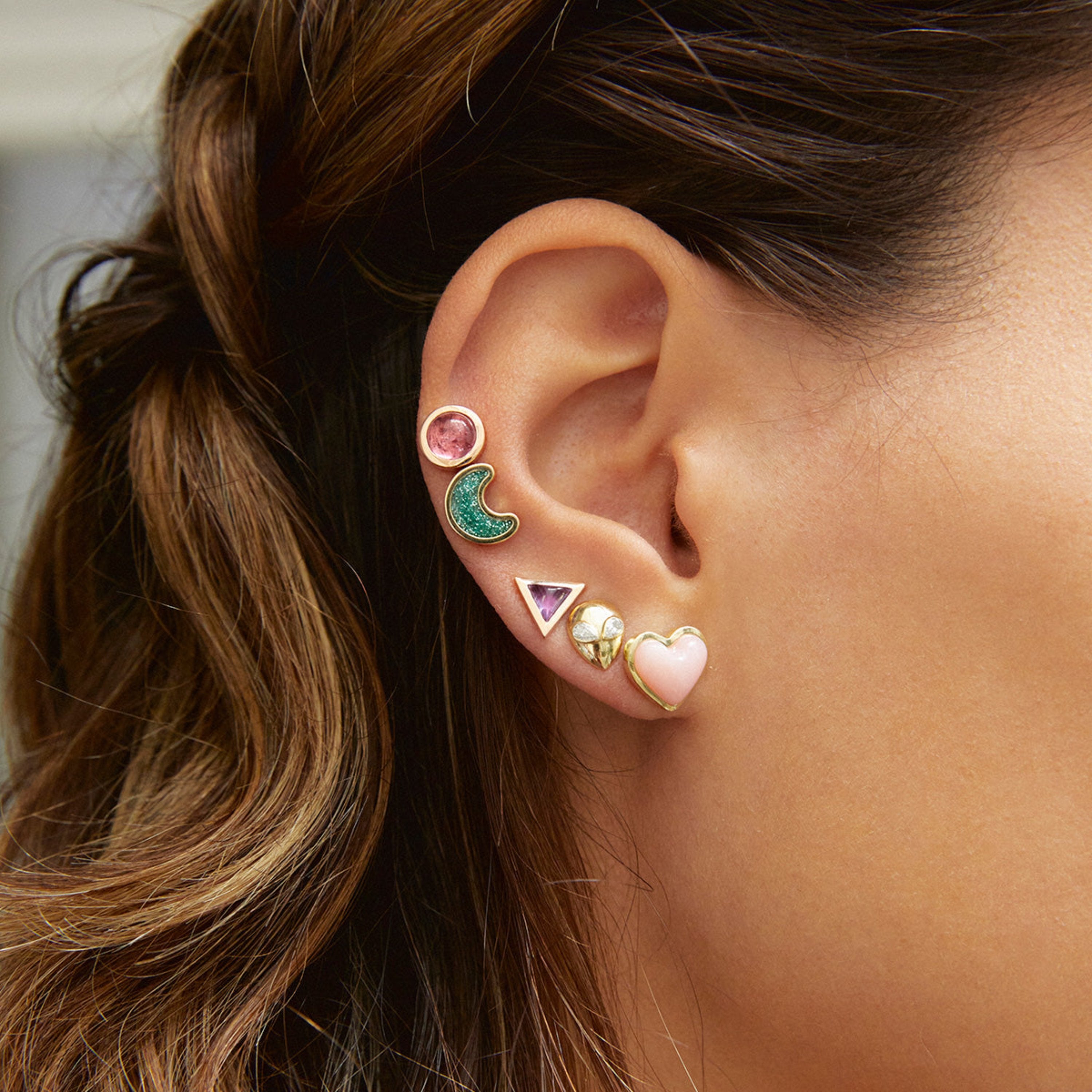 Love sticker studs yellow gold with pink opal – Alina Abegg