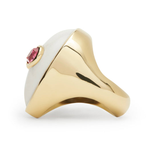 Alien-signature-ring-yellow-gold-with-white-agate-and-pink-tourmaline