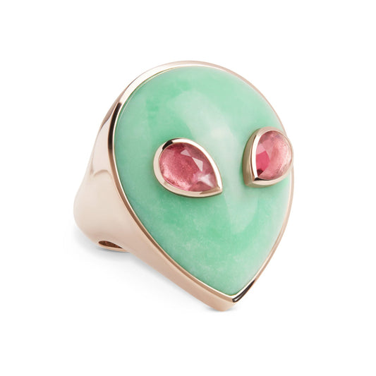 Signature-alien-ring-rose-gold-with-chrysoprase-and-pink-tourmaline