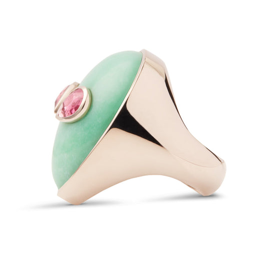 Signature-alien-ring-rose-gold-with-chrysoprase-and-pink-tourmaline